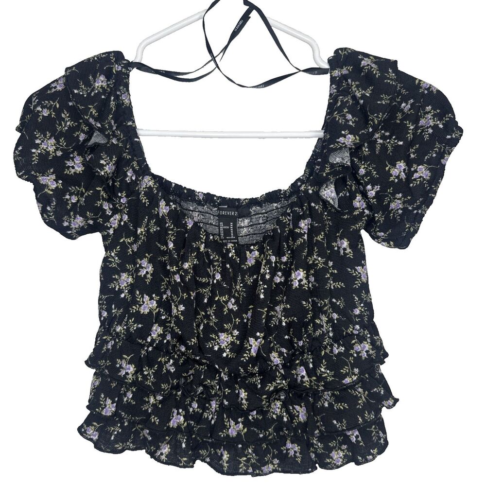 Forever 21 Womens Size Medium Black Floral Crop Top Puff Sleeve Ruffle Y2K